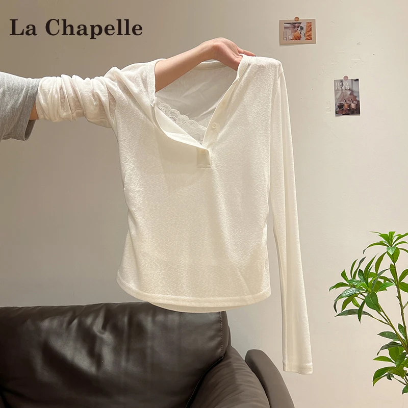 拉夏贝尔莱赛尔天丝假两件长袖t恤女夏2025新款纯欲慵懒风女装