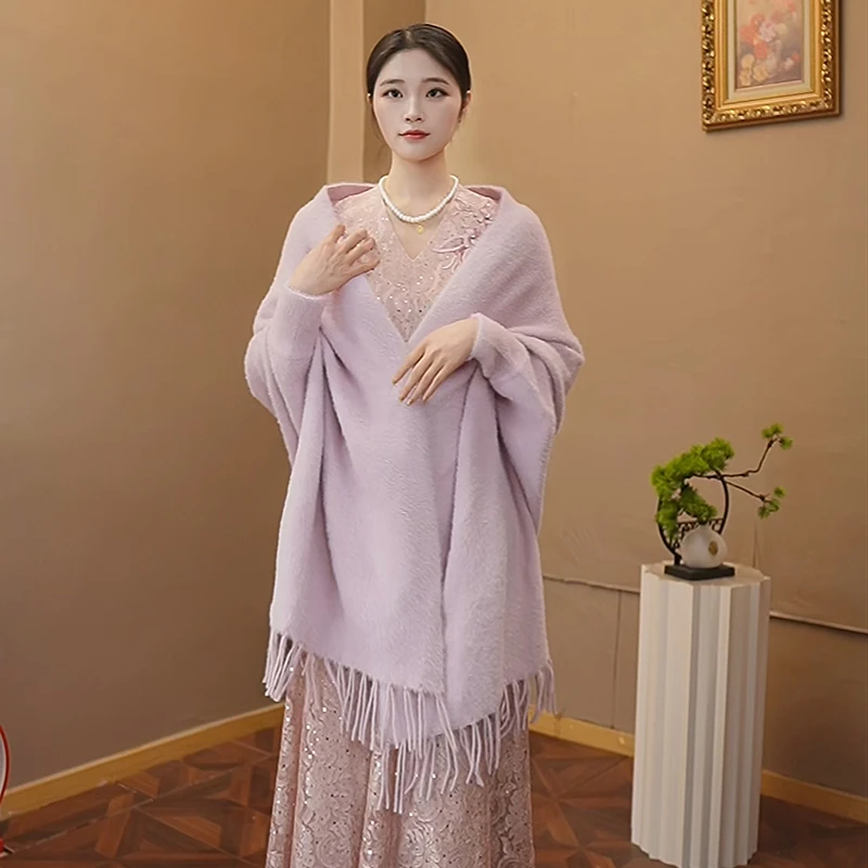 【加厚保暖一点不冷】婚宴喜妈妈秋冬仿貂绒流苏披肩蝴蝶袖时尚外套