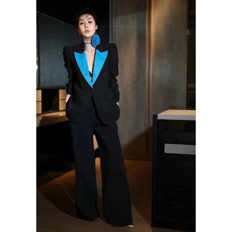 设计感西装领撞色配花朵西服套装名媛气质女神优雅时尚黑色套裤潮