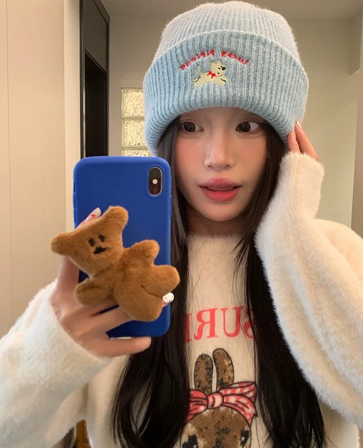 暖糯小狗百搭刺绣针织毛线帽显脸小冷帽子秋冬新款