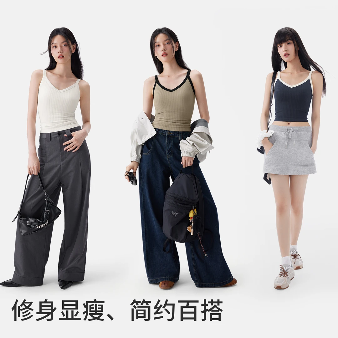 半练 带胸垫U领美背吊带/V领竖纹吊带/U领蕾丝背心