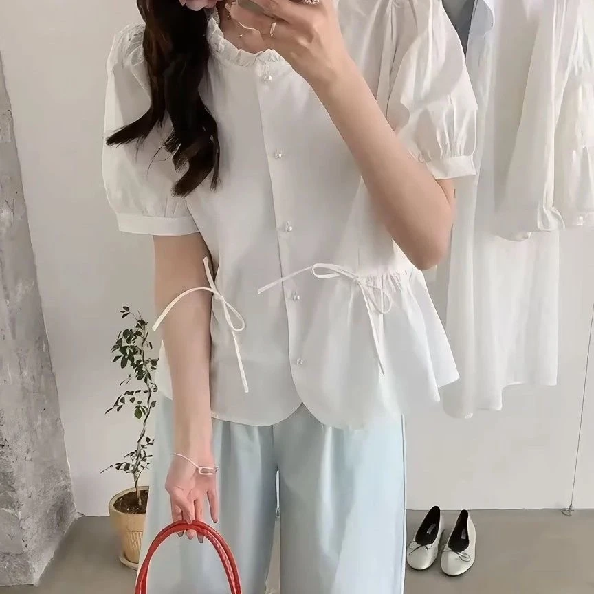 夏季拼接薄款短袖圆领宽松型衬衫白色泡泡袖短款韩版复古百搭
