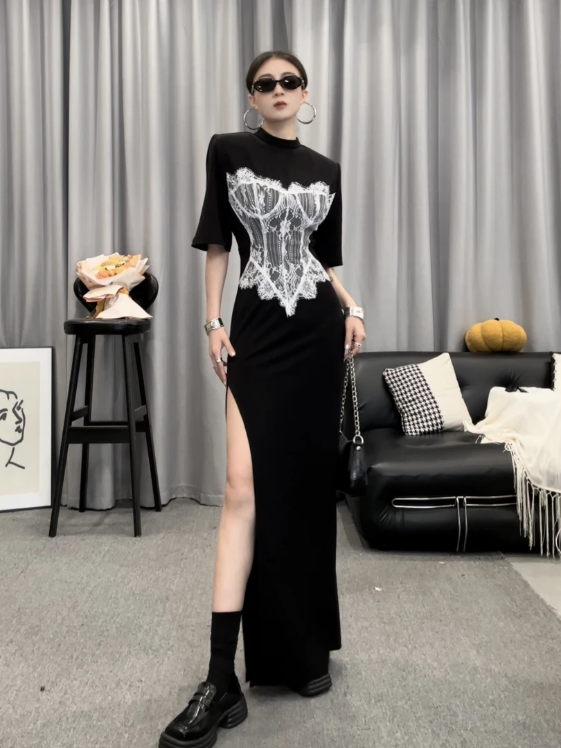 夏季新款黑色复古风蕾丝拼接显瘦气质开叉连衣裙中长款