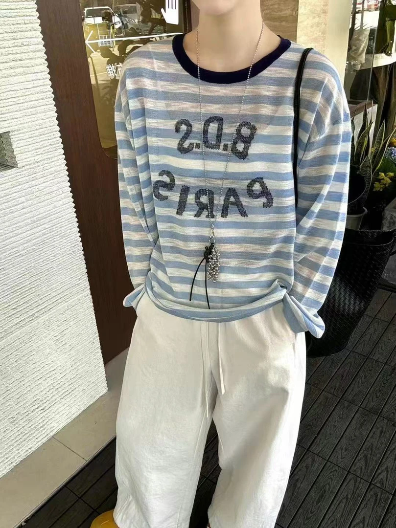 〔字母条纹防晒T〕欧站字母撞色条纹长袖防晒T