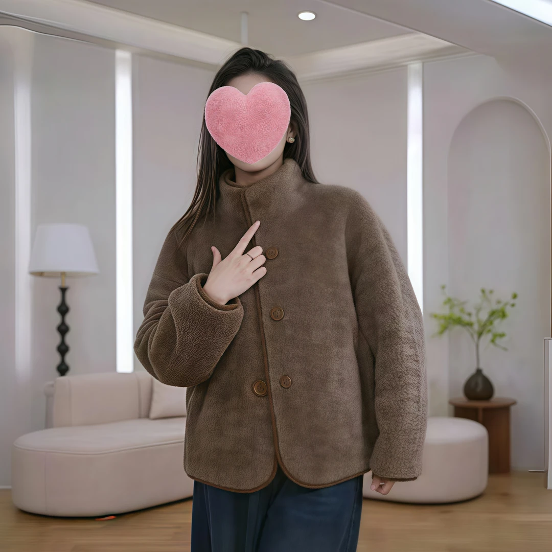 2025新款长袖宽松型女士羊粒绒短外套加厚立领双面两穿上衣女装