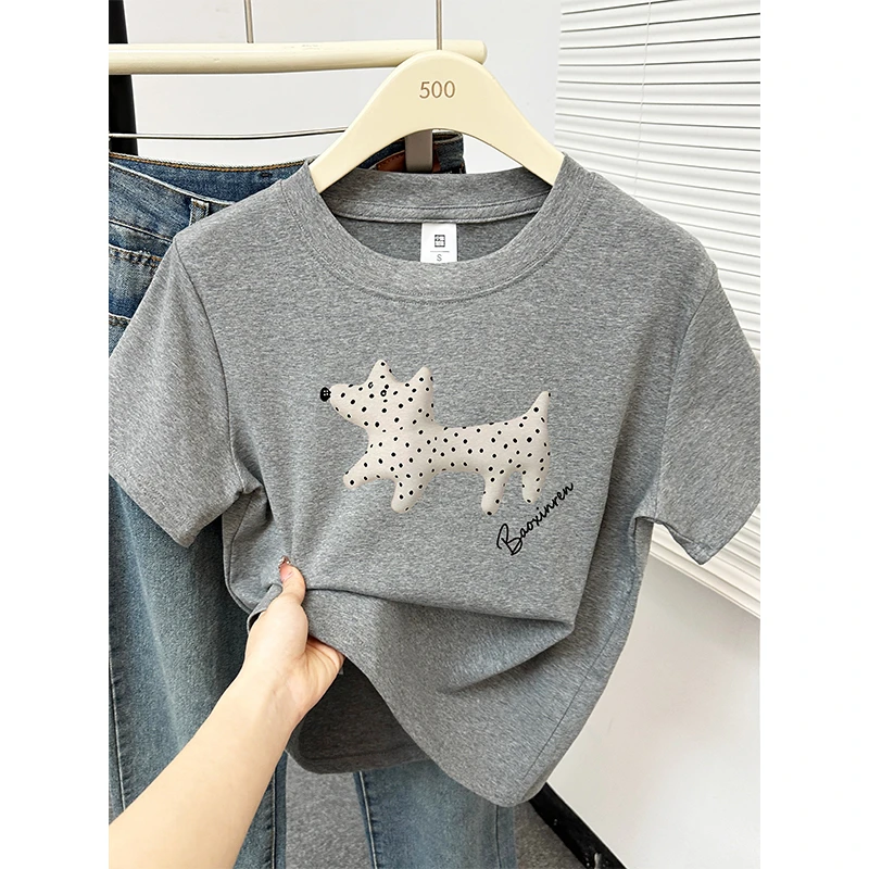 灰色圆领斑点小狗印花正肩短袖T恤女夏季美式设计感休闲半袖上衣