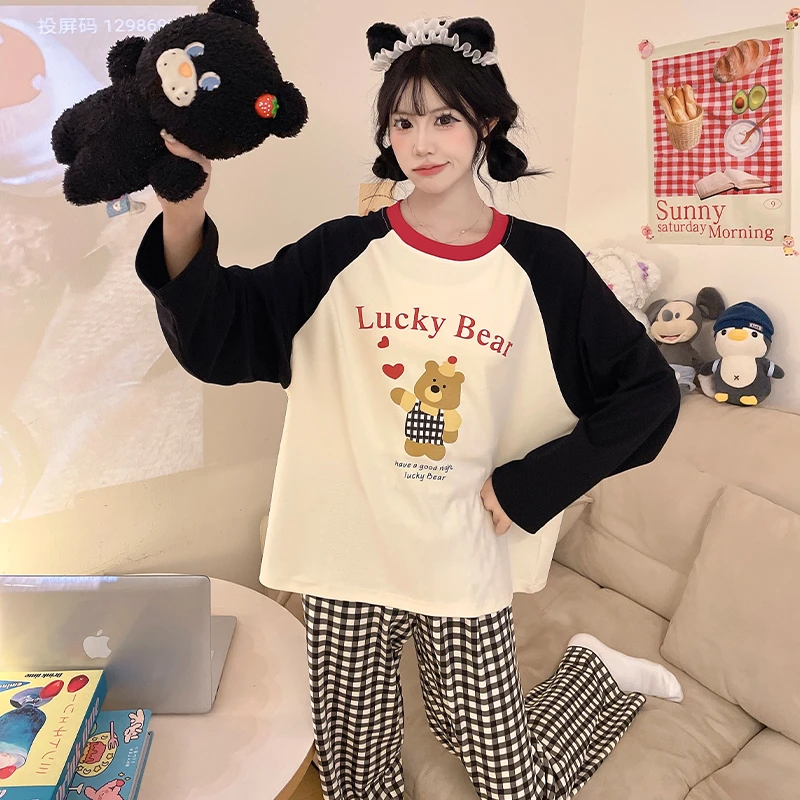 芯语婷春秋季新款黑色插肩小熊女士睡衣长袖简约甜美家居服可外穿