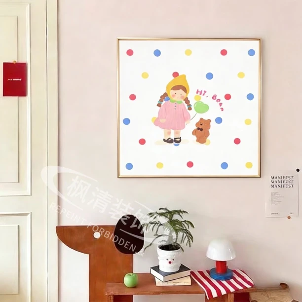 现代多巴胺女孩小熊卧室装饰画餐厅挂画小众装饰画5050