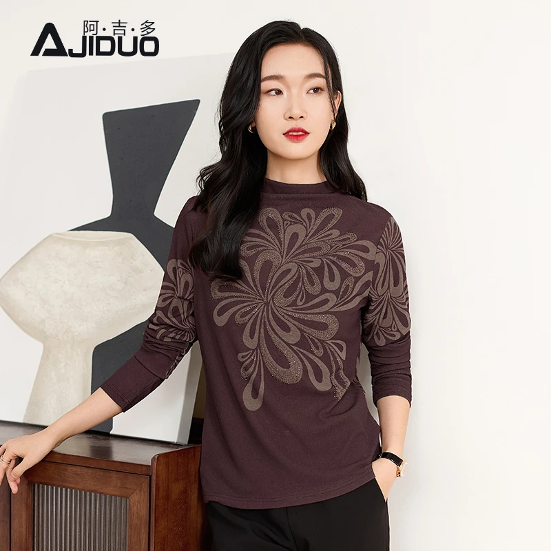 大码弹力打底衫长袖t恤女半高领秋冬季新款烫钻印花宽松显瘦上衣