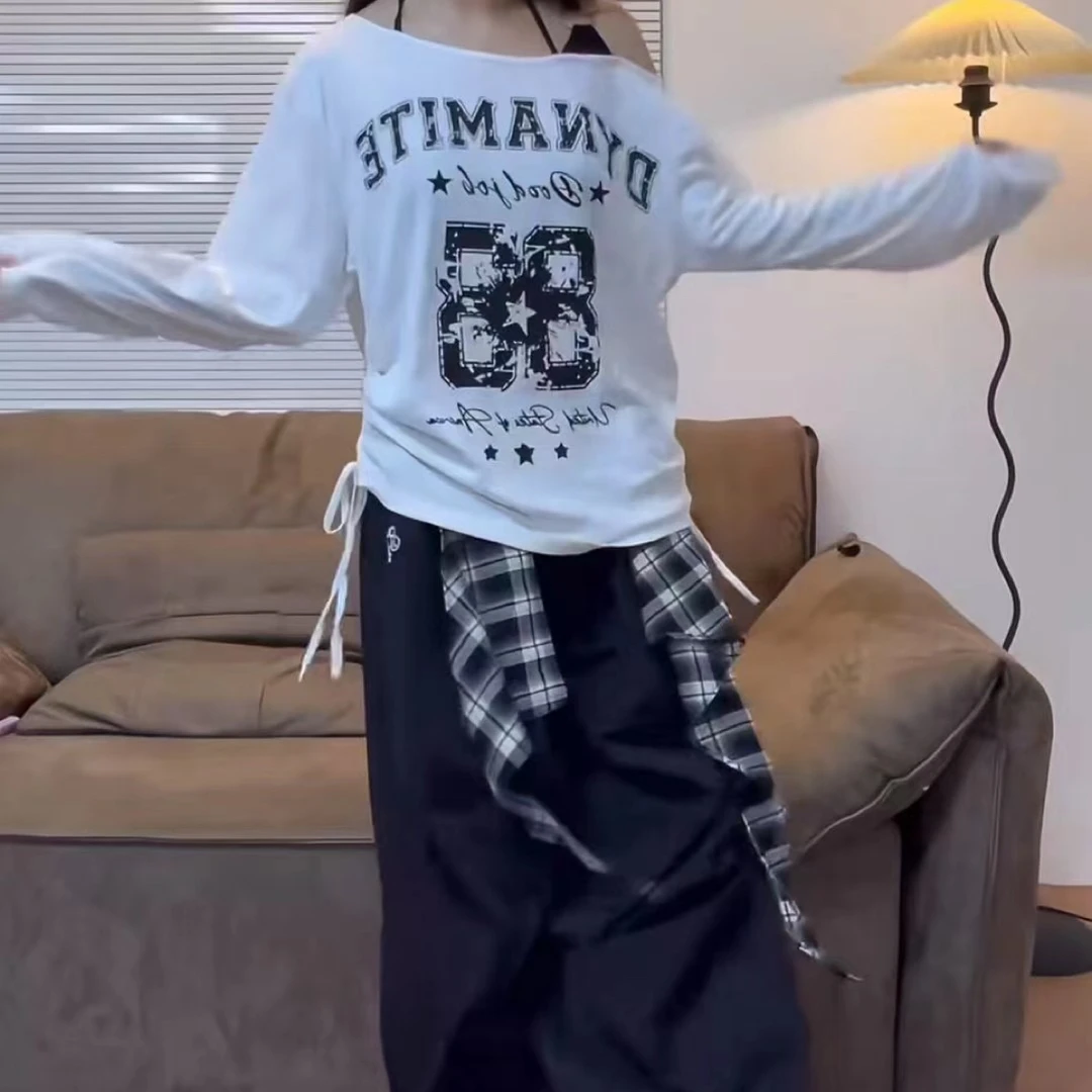 美式辣妹斜肩印花长袖格子腰带休闲工装裤秋季新款时尚潮流穿搭