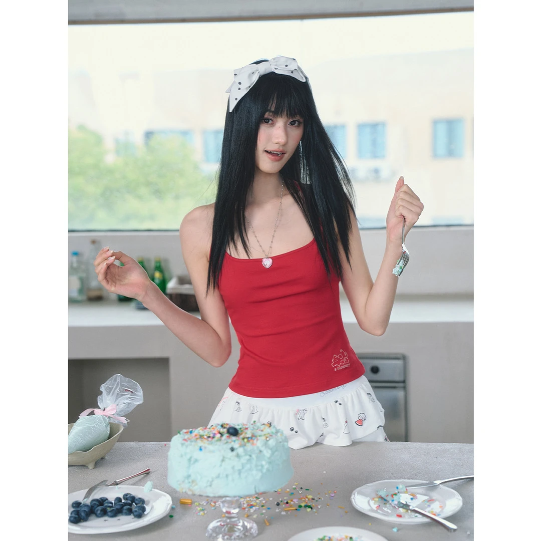 【联名系列】ablueberry×潦草小狗Moonge红色烫钻工字背心吊带女