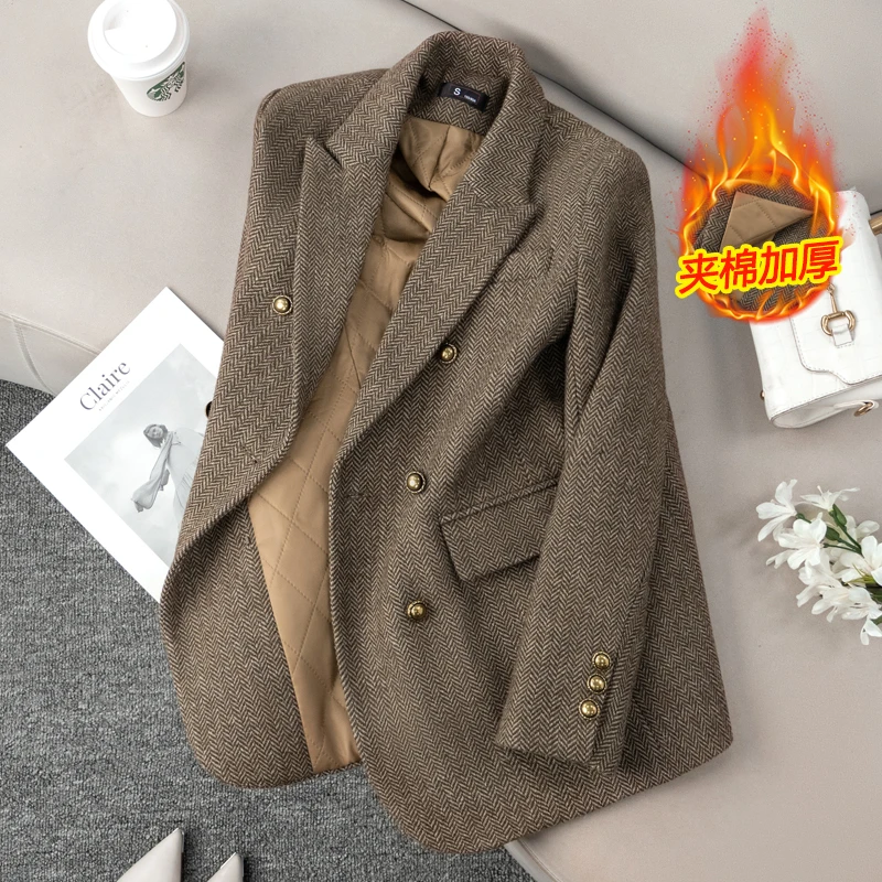 高档羊毛呢西装外套女高级感秋冬2024新款小个子冬季加厚夹棉西服