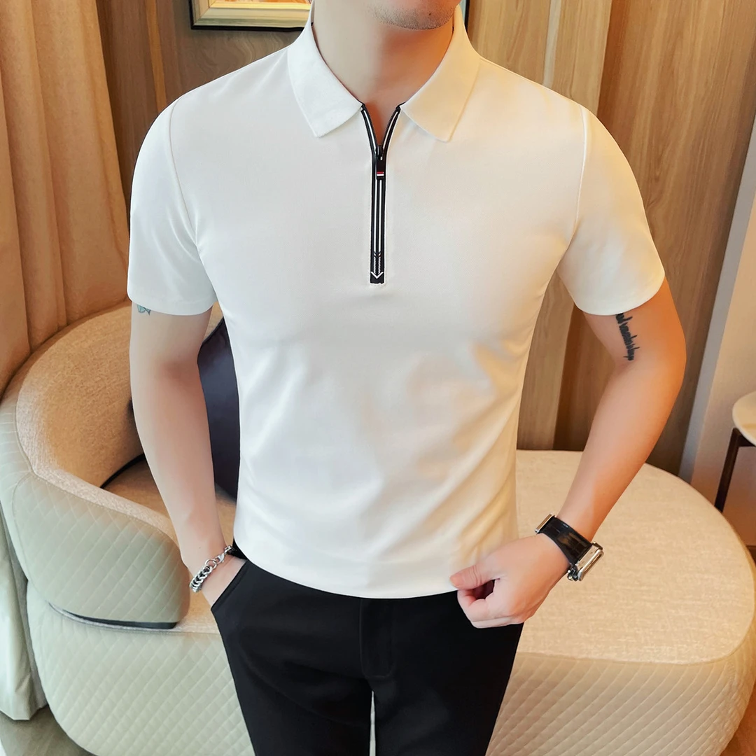 冰丝无痕拉链polo衫男短袖夏季薄款商务休闲百搭潮流修身翻领t恤
