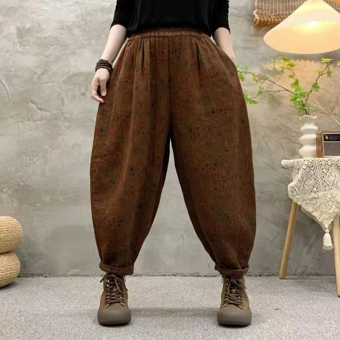 FWS-2025春季新款小花复古数码印花灯笼裤休闲宽松百搭文艺民族风