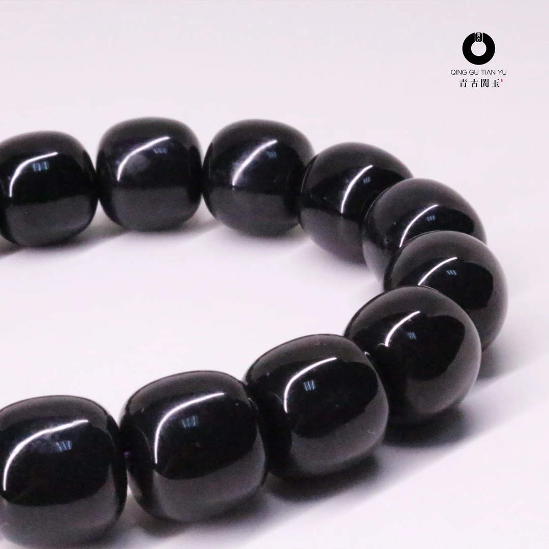 天然新疆和田玉墨玉手串男女款圆珠桶形珠墨玉手串