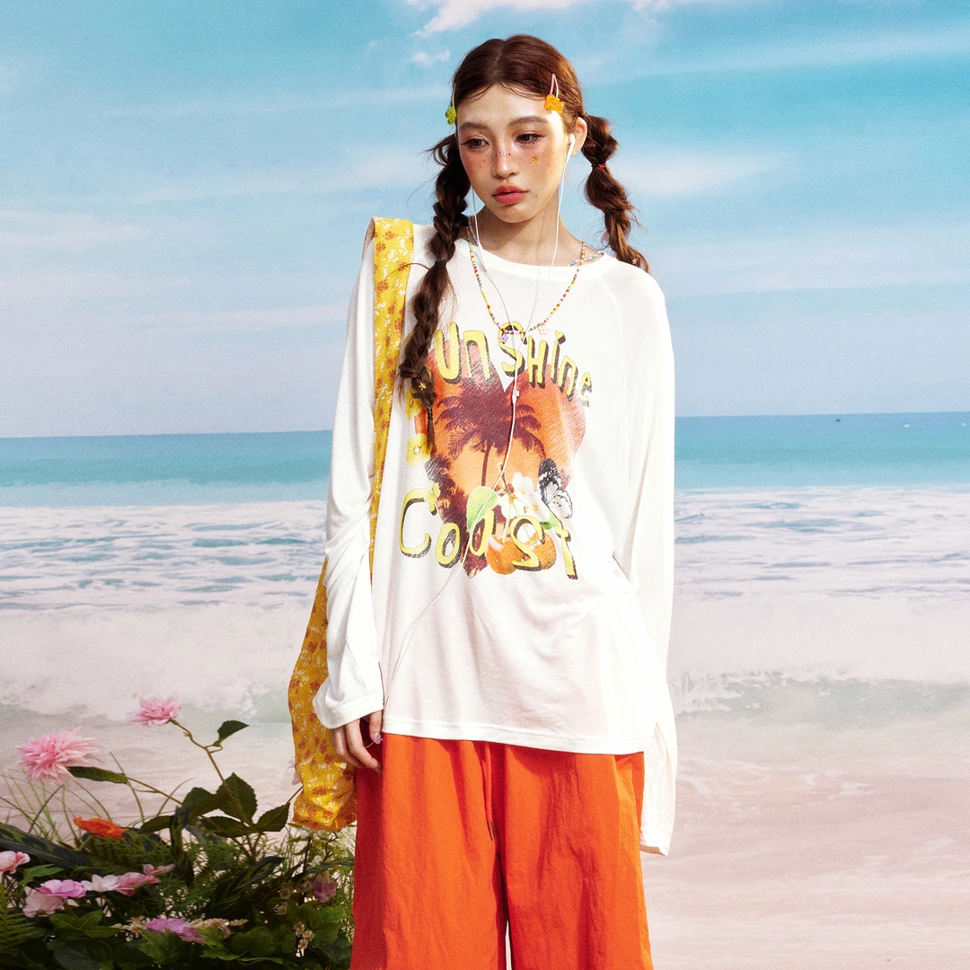 Babefish onze 原创日慵懒宽松白色防晒衣长袖T恤