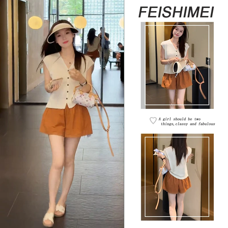 【现货】夏季穿搭一整套2025新款纯色短袖薄款v领T恤百搭短裤两件套