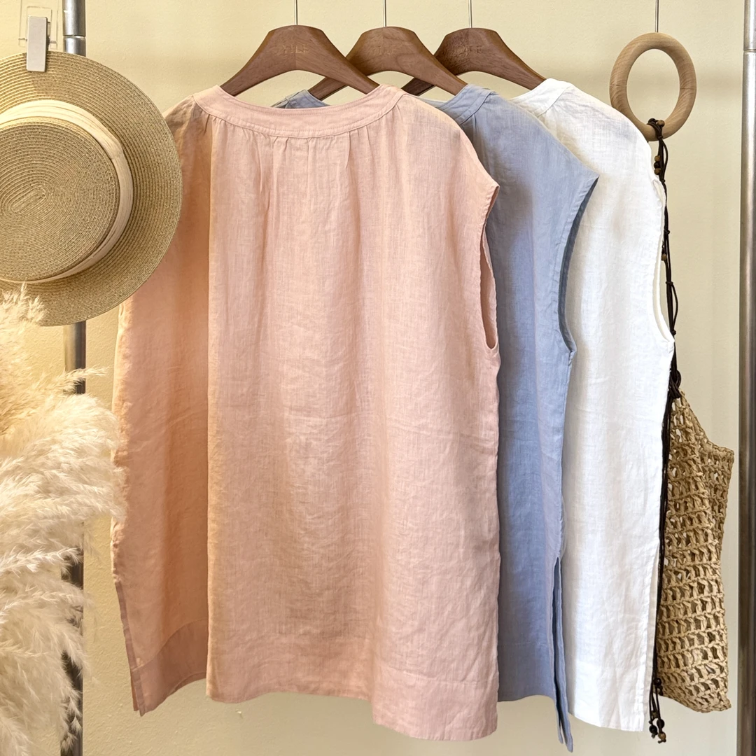 YILE·【柔柔】文艺风纯色100%亚麻拉链圆领小飞袖背心上衣