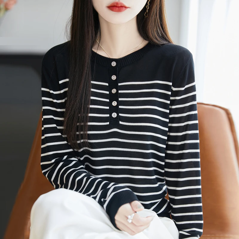 莱塞尔针织衫女圆领条纹长袖打底衫新款凉感透气减龄气质上衣