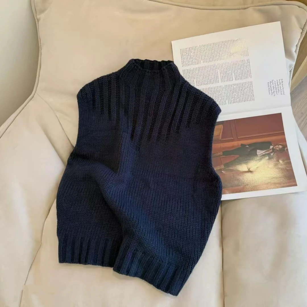 韩版时尚无袖纯色半高领毛针织衫女秋冬2025新款时尚百搭打底上衣