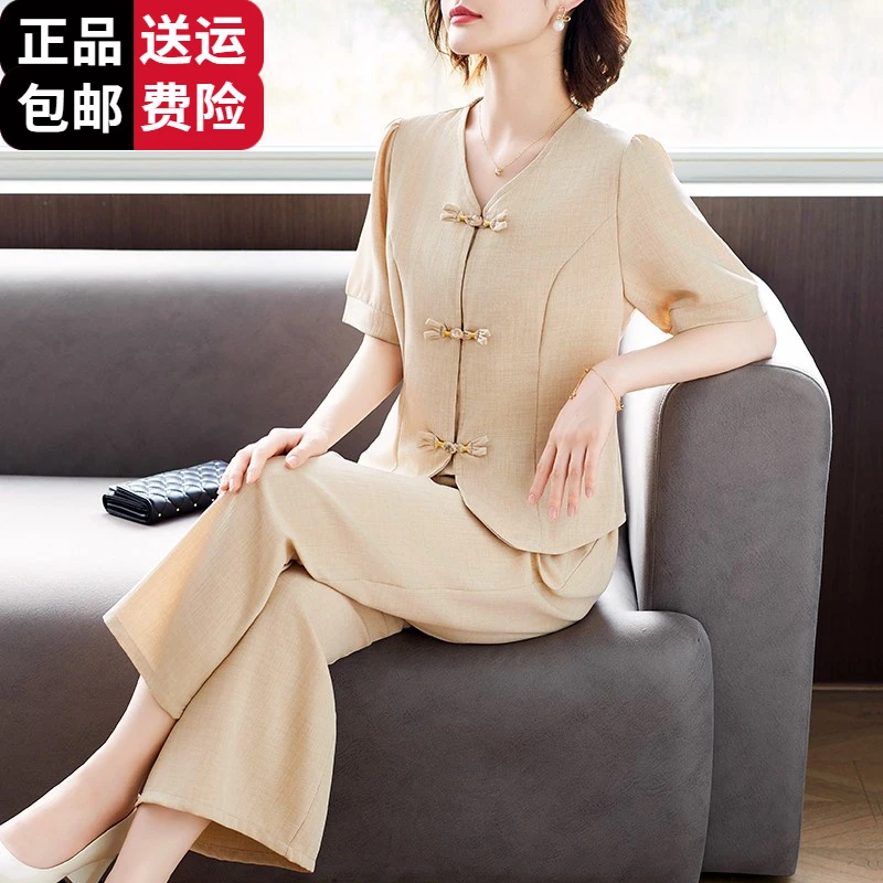 恒源祥集团彩羊新中式妈妈夏装桑蚕丝套装中老年女夏季短袖t恤两