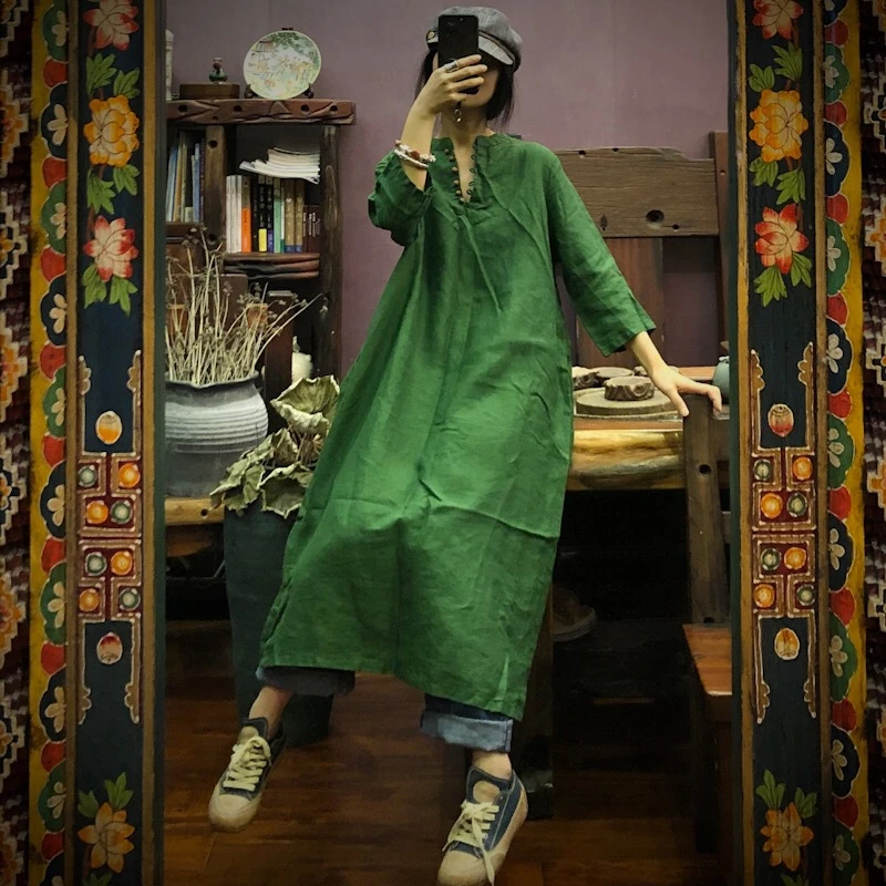 落古泥亚麻水洗菩提扣风琴褶长袍1322绿