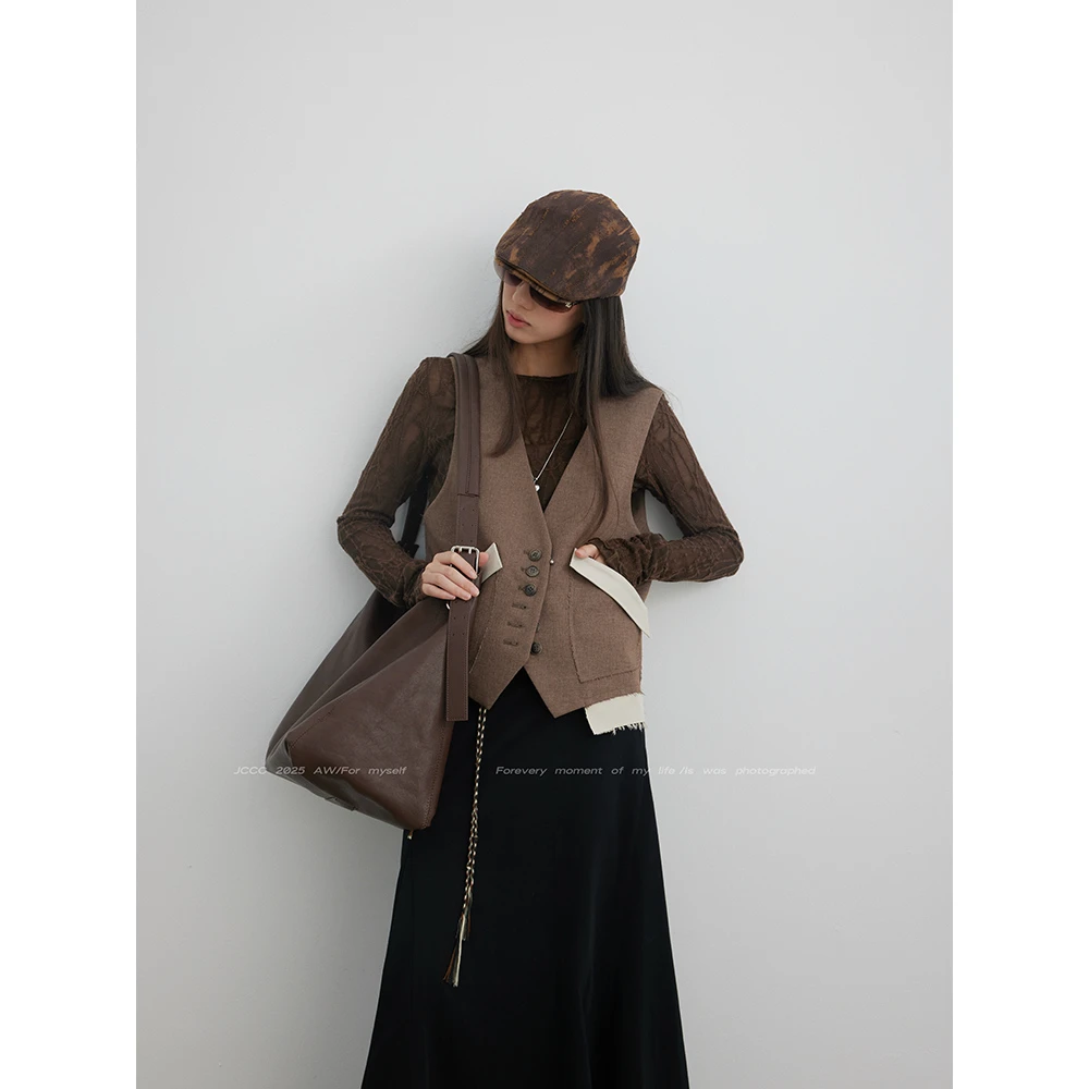 JCCC影子【叠构】咖色拼接撞色大口袋马甲上衣JE5BSW13
