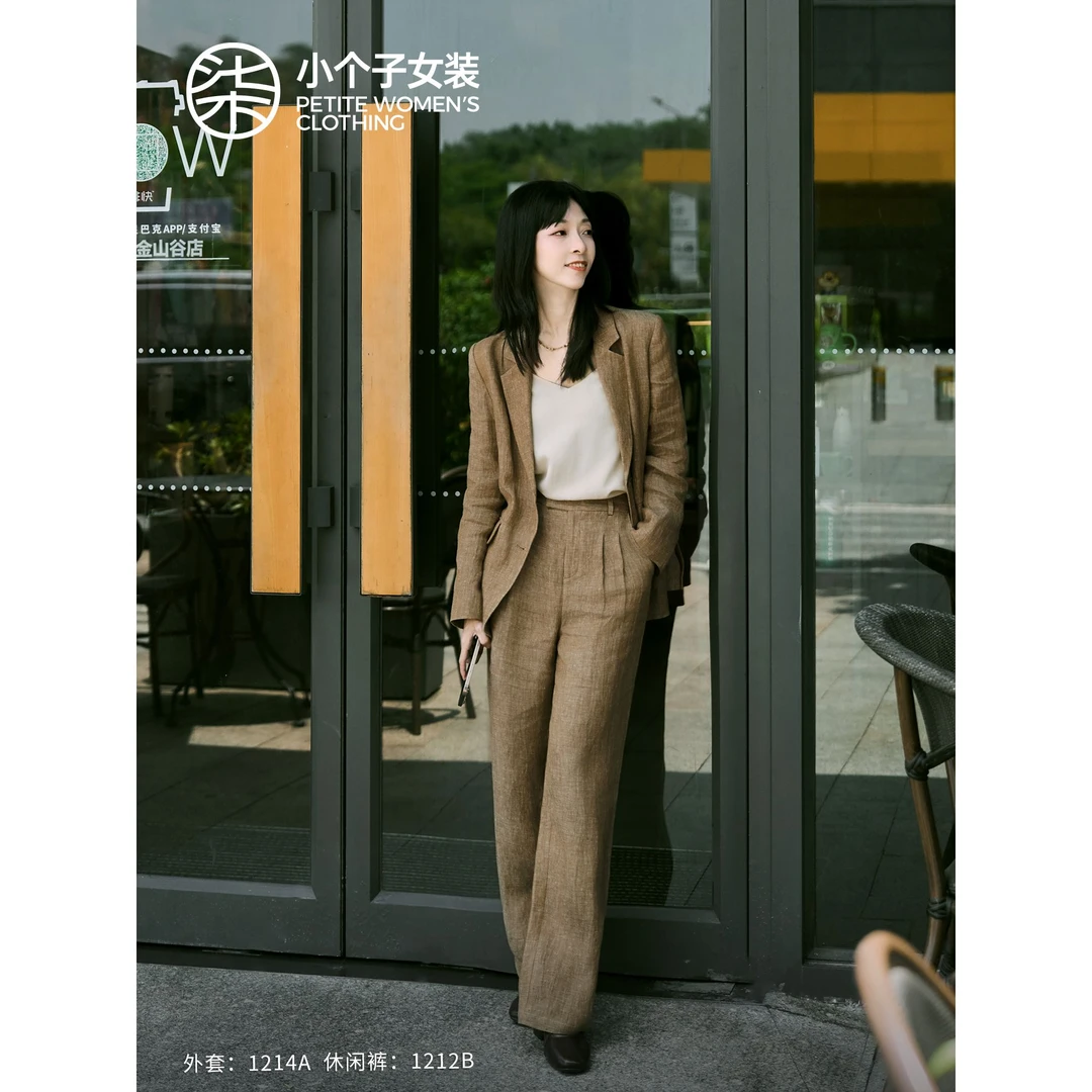 【大柒】【穗风】1212A/B小个子亚麻卡其色西装外套+休闲裤时尚套装女