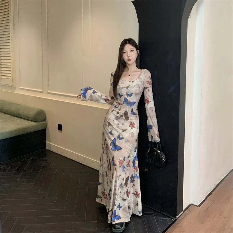 复古蝴蝶印花连衣裙抽褶收腰性感修身包臀长裙气质