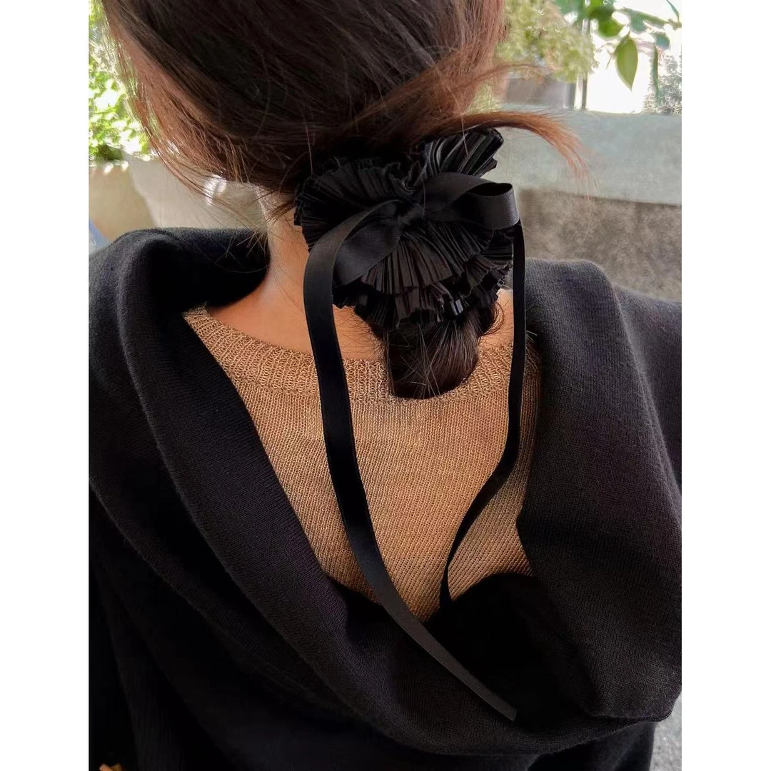 韩国以琳家法式复古风琴褶皱缎面蝴蝶结飘带肠圈