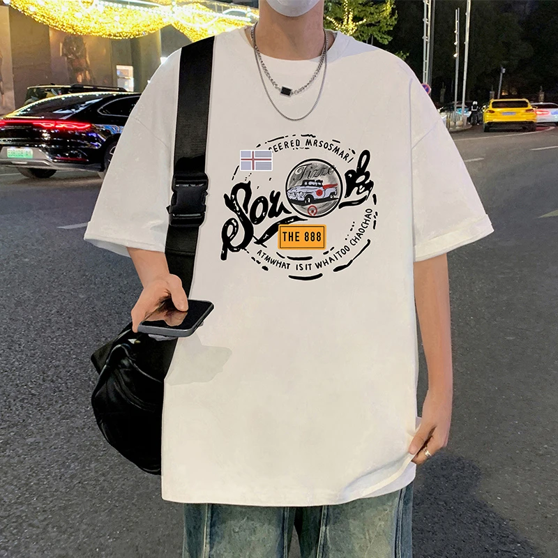 纯棉短袖T恤男夏季新款圆领潮流运动体恤衫ins港风大码宽松上衣