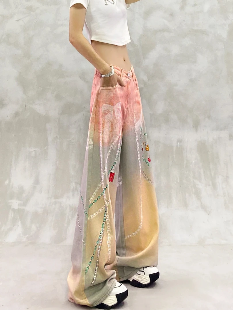 个性数码印花水洗休闲牛仔裤女夏新款高腰宽松显瘦百搭直筒阔腿裤