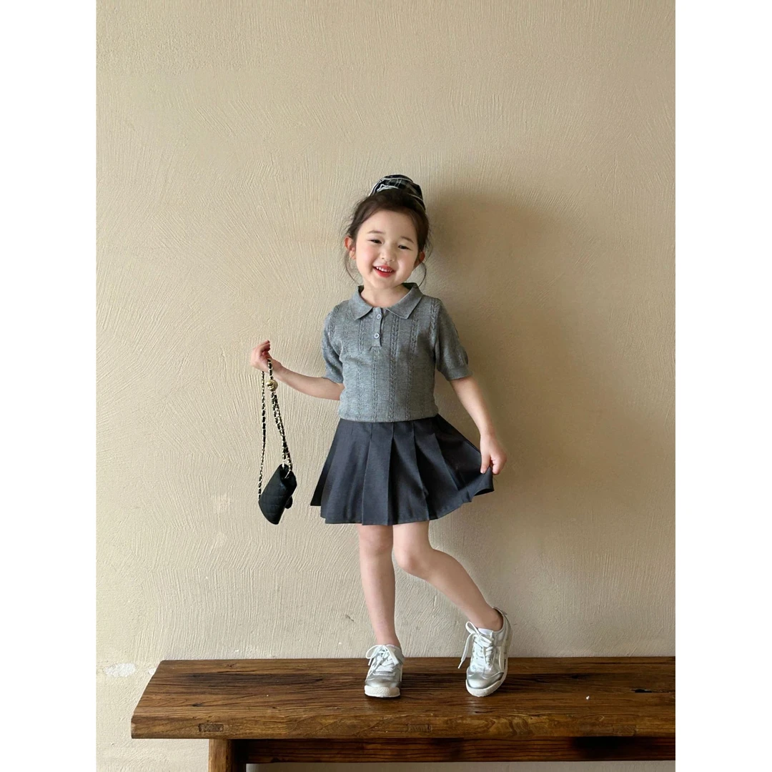 小粉象 ·夏季新款韩版女童毛线针织上衣短袖毛衣百搭百褶裙套装