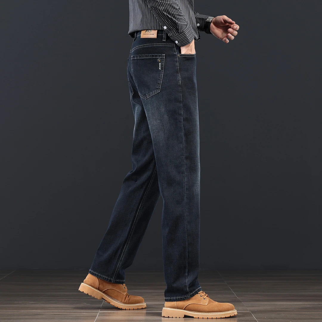 香港高端深蓝色牛仔裤男秋冬新款宽松直筒中年商务弹力休闲长裤子
