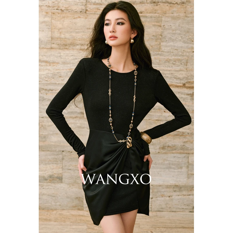 WANGXO 亮丝针织拼接缎面打褶连衣裙253963W