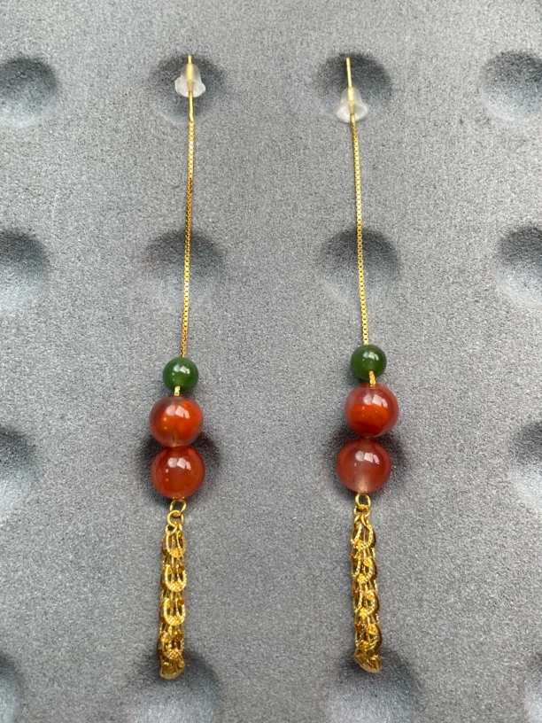 V8南红冰飘花圆珠耳线7mm～S925银