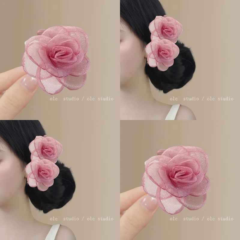 纯欲山茶！网纱花朵发夹女2025新款高级感刘海抓夹小号夹旅行发卡