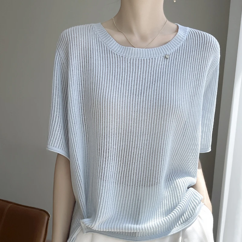 夏季百搭洋气宽松针织T恤休闲时尚薄款打底短袖 圆领纯色套头半袖