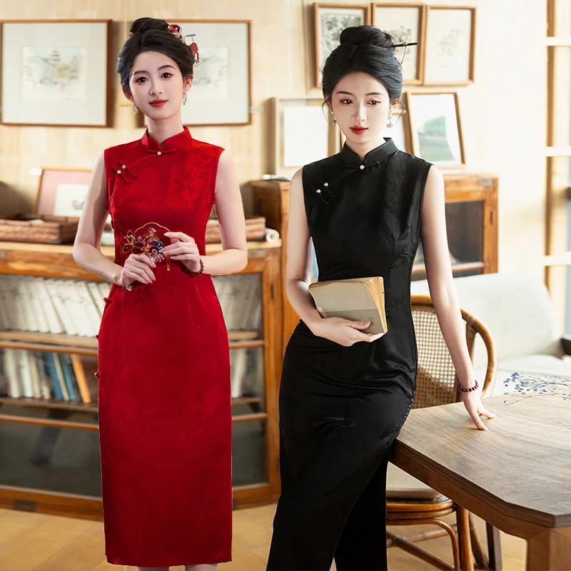 【安和】八扣红色无袖长款改良旗袍新款年轻款少女性感复古修身
