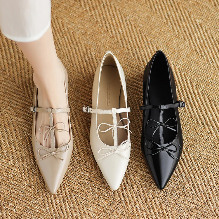 ANDER真皮仙女风浅口鞋T字绑带韩版蝴蝶结尖头方跟舒适低跟单鞋女