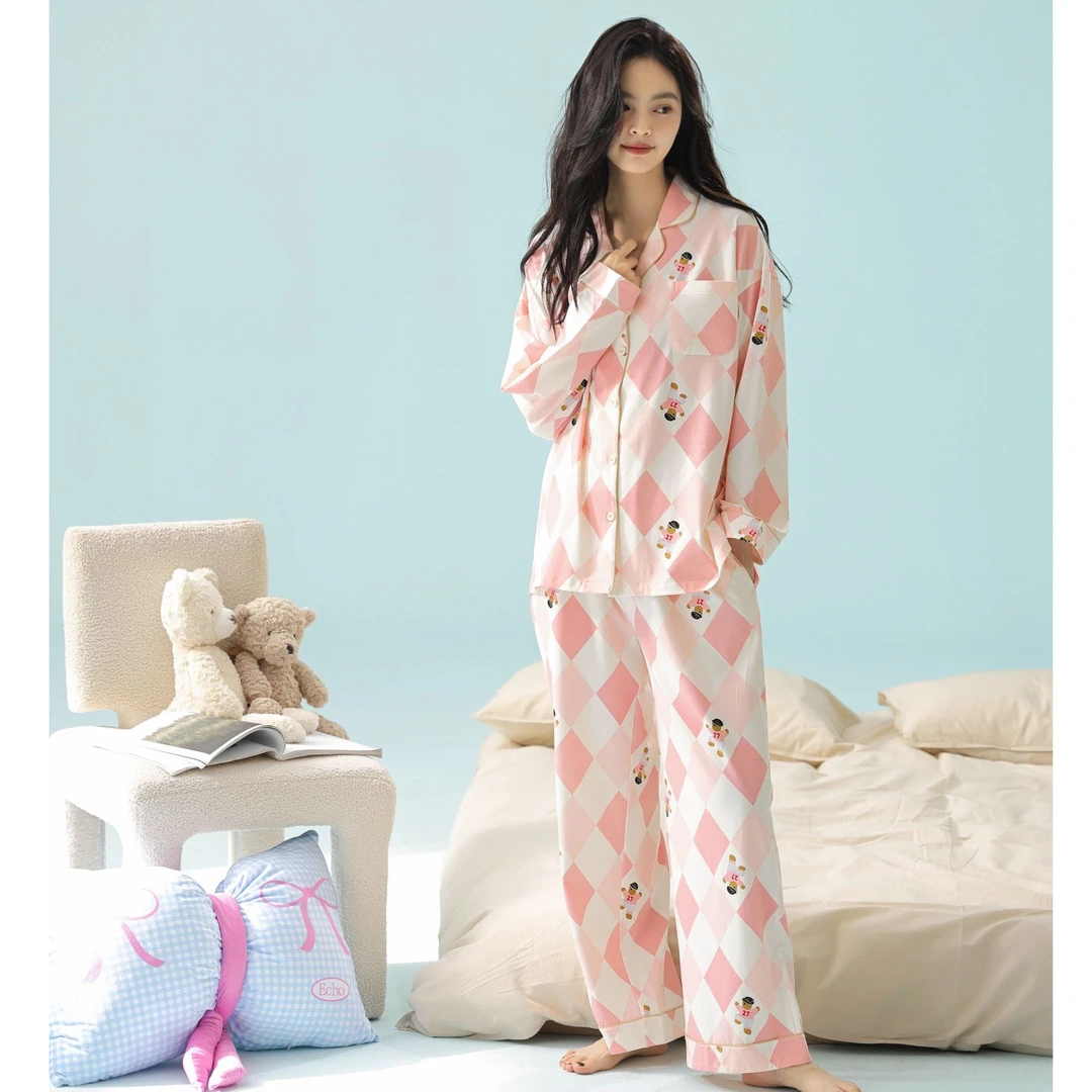 MILORD【菱格小熊】女士抗菌新疆棉睡衣家居服外穿秋冬简约印花长袖