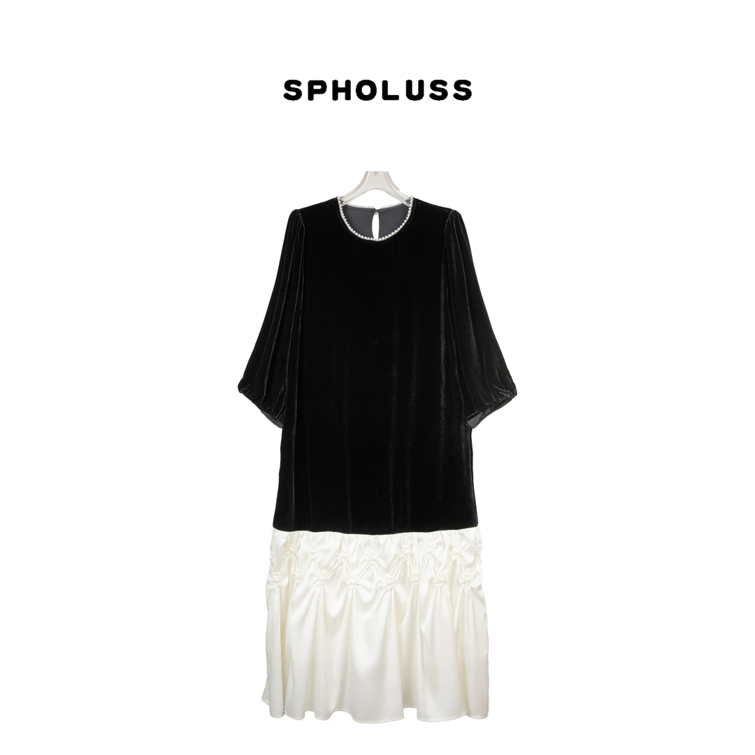 【丝芙玉禄】（K489）重磅100%真丝丝绒重工镂空钉珠丝绒气质连衣裙