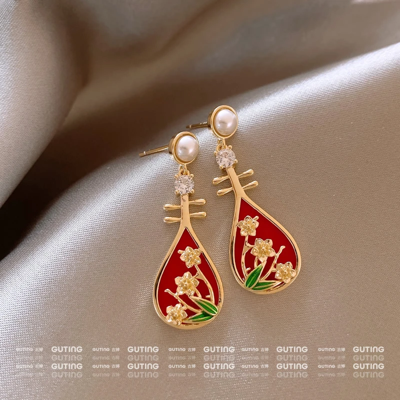 铜合金合成锆石耳饰 19451闪锆琵琶耳环女新年红色耳饰新中式耳钉