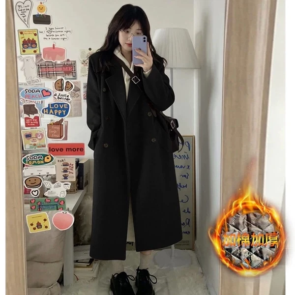 2025新款绑带收腰显瘦加棉加厚冬季中长款气质百搭大衣深灰色大衣