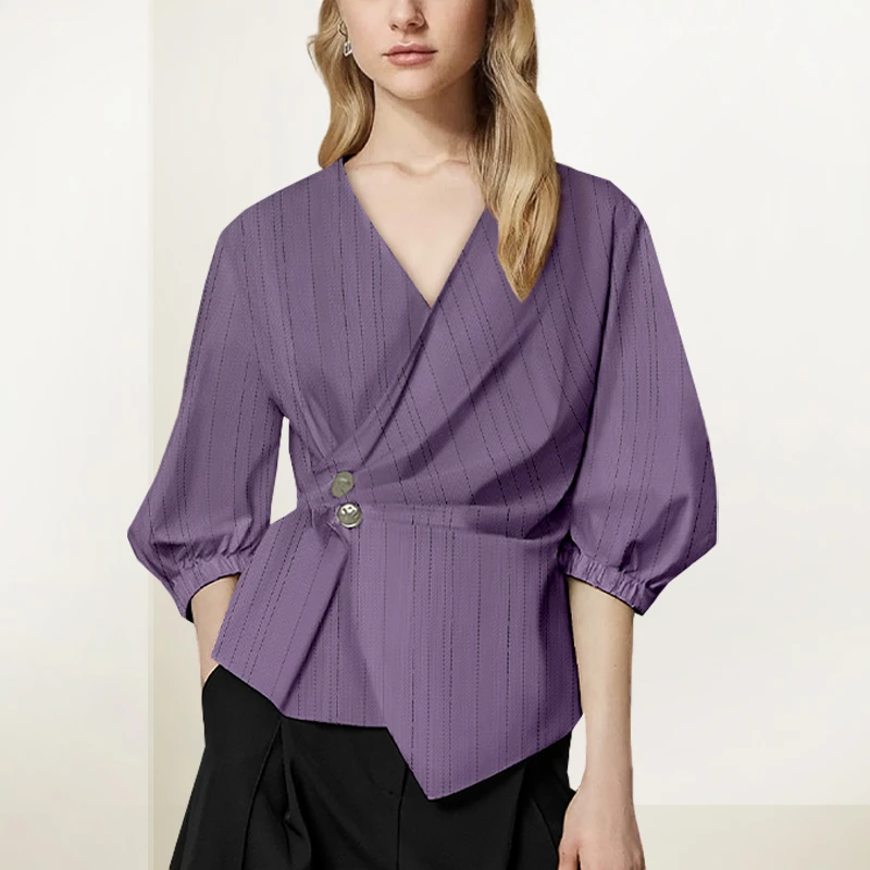 【细说定制 】法式五分袖V领衬衫女2025年秋收腰薄款洋气小衫上衣