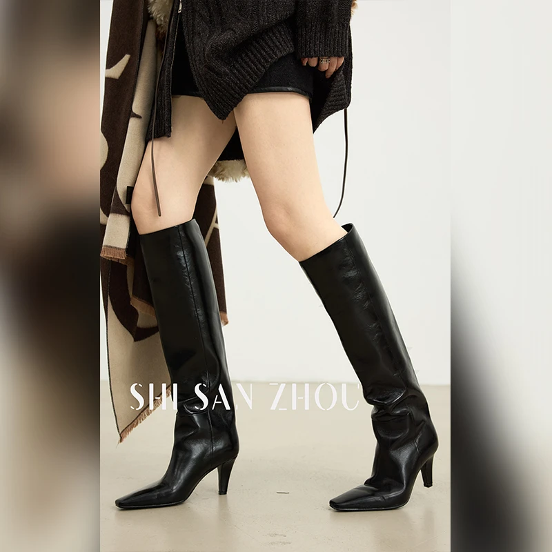 十三粥 人生高跟 头层牛皮时尚洋气显瘦靴子女通勤百搭高跟长筒靴