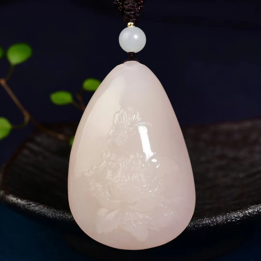 和田玉藕粉花开富贵玉坠吊坠女士玉石项链挂件