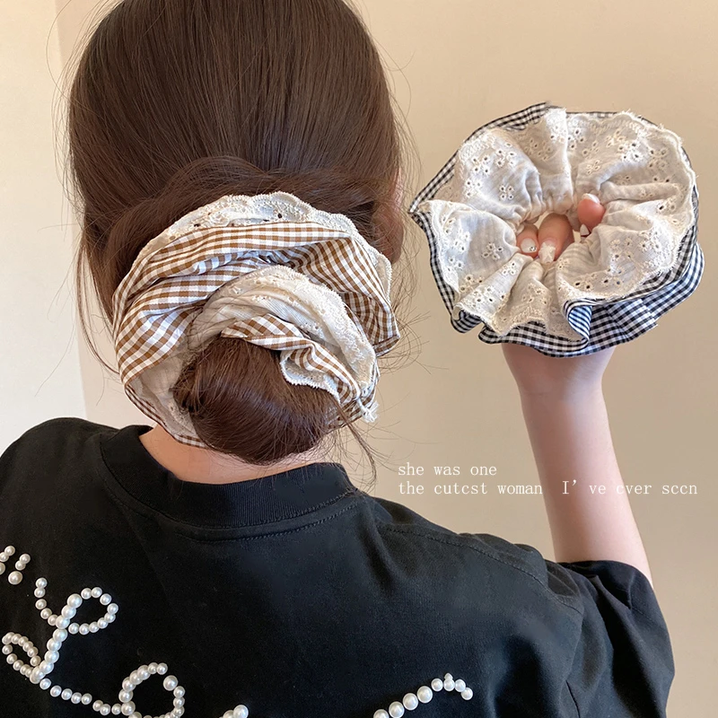 韩系格子蕾丝双层大肠发圈女2025新款高级感头绳超大头花发绳头饰