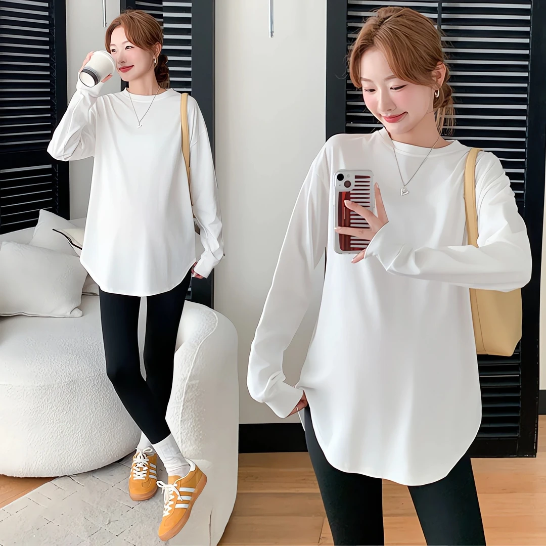 孕妇装秋装上衣春秋外穿宽松大码中长款遮孕肚纯棉T恤长袖打底衫