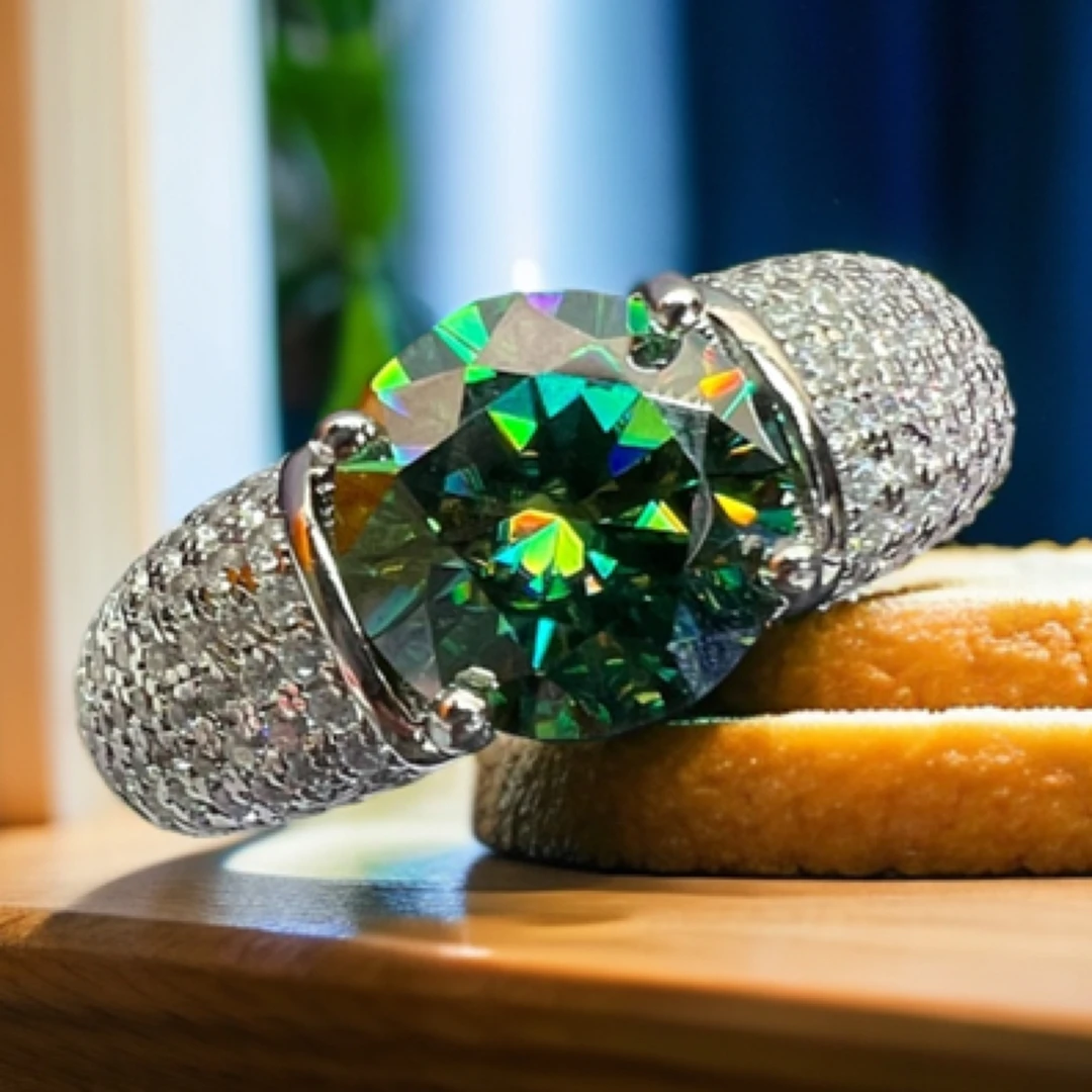 925银莫桑石戒指 【马蹄男戒】2-3克拉绿色时尚精致气质重工款式